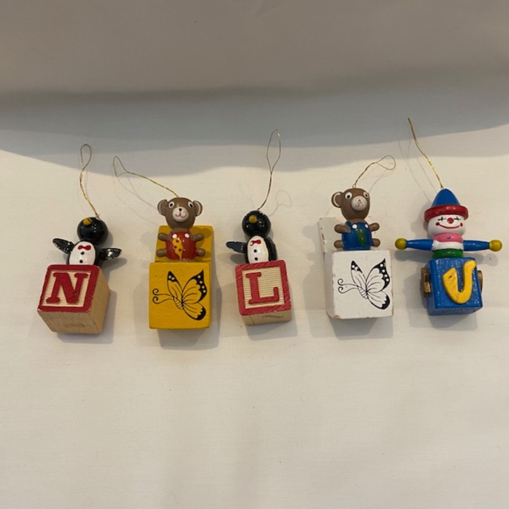WOODEN BLOCK ORNAMENTS 5 Christmas Ornaments Painted Hanging Strings Variety